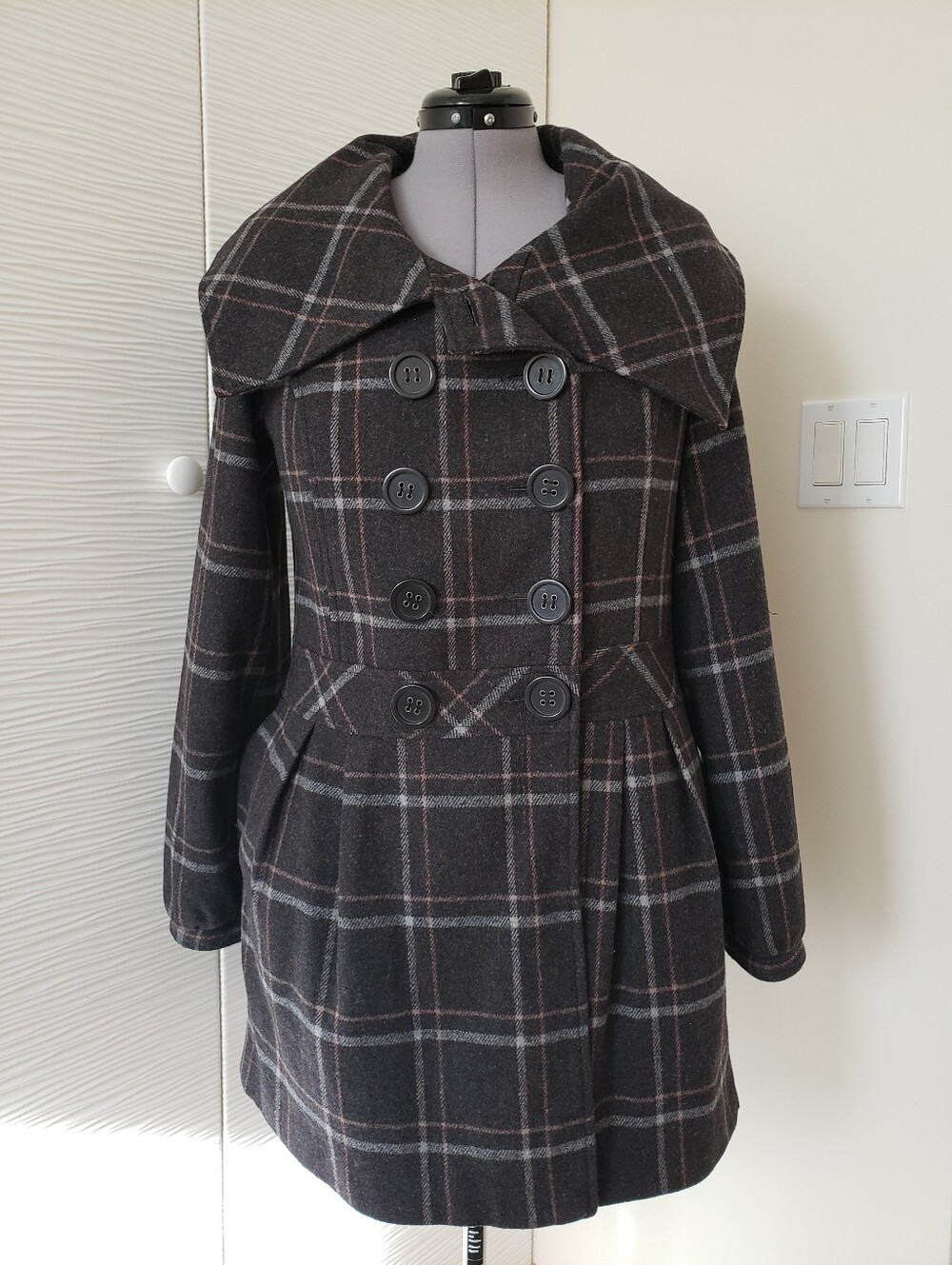 Hydraulic Womens Dark Gray Plaid Double-Breasted Wool Coat. Sz.L - Picture 4 of 7
